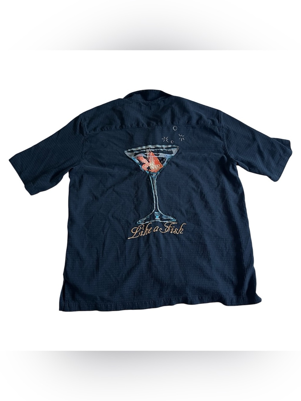 Tori Richard 100% Silk Shirt Mens XL Black Embroidered Like A Fish Martini Cup